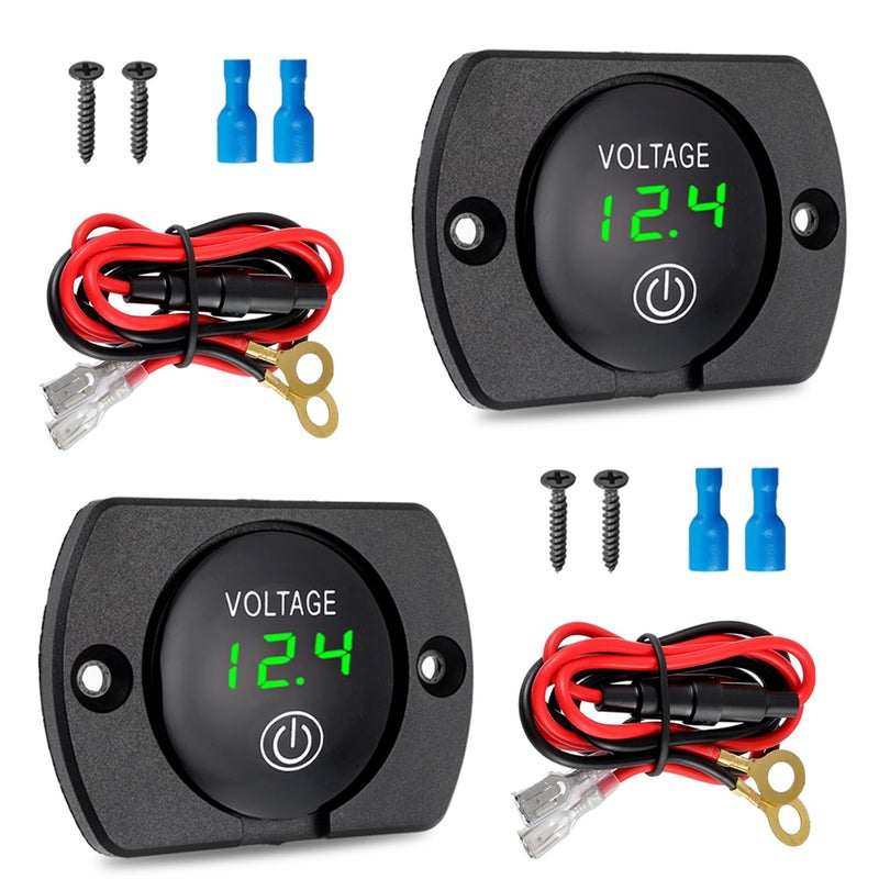 EPLZON 2 Pack DC 12V 24V Volt Meter Battery Voltage Gauge Digital Gauge Waterproof Voltmeter with Touch Switch and Mounting Plate Round for Boat Marine Motorcycle Truck(Green Light) - Image 1